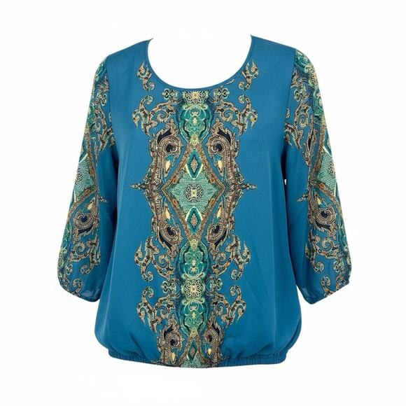 Roz & Ali Womens Boho 1X Teal Baroque Print Blouse 3/4 Sleeve Bubble Hem Top - Picture 2 of 16